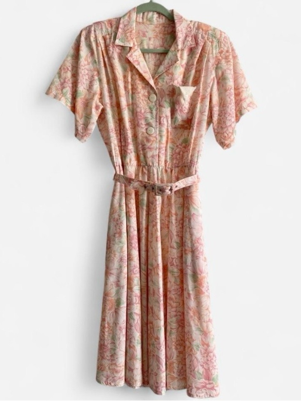 Vintage Floral Shirtwaist Midi Dress Belted Cottagecore Pink Peach